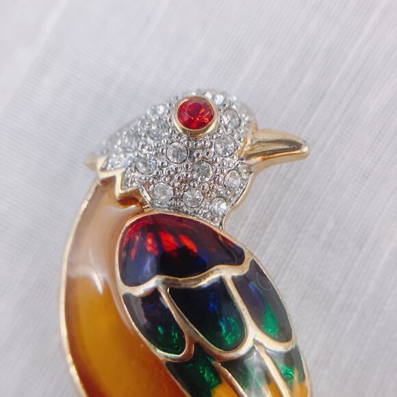 Vintage Premier Designs Enamel Bird Brooch – Gold Tone, Rhinestones, 1980s 1990s - Picture 6 of 10